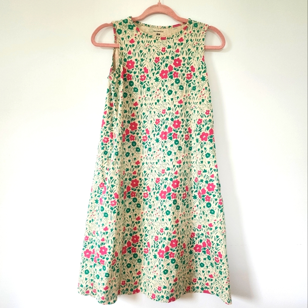 NWOT Uniqlo Marimekko Girls Dress Floral Size 13 Green & Pink Cotton Maximalist